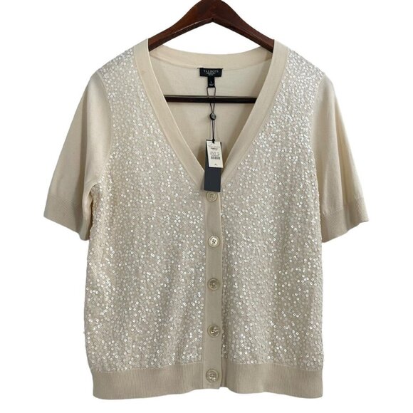NWT Talbots Cream Sequin Front Short Sleeve Cardigan Womens Size Large Petite - Picture 1 of 10